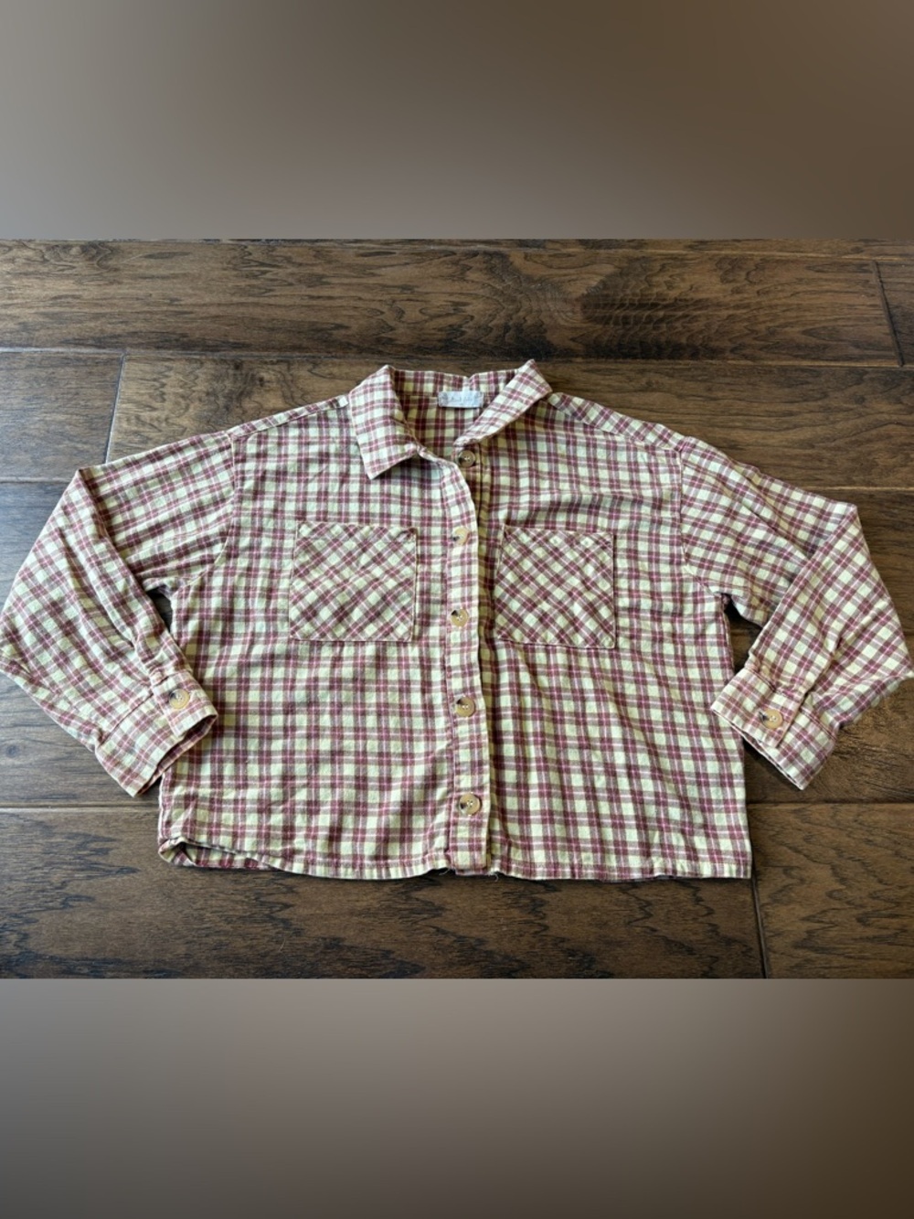 Altar'd State Light Yellow, Pink and Burgundy Plaid Cropped Button-Down